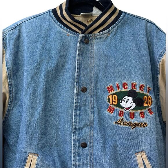 Disney Vintage Mickey Mouse 1928 Varsity "MOM" Embroidered Denim Bomber Jacket - Picture 3 of 9
